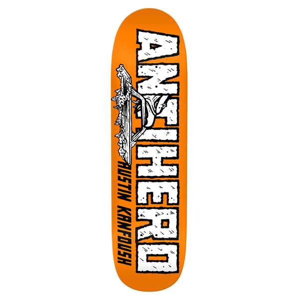 An ANTIHERO KANFOUSH ONE OFF CUSTOM SHAPE skateboard deck with a custom twin-nose shape, adorned with "ANTI-HERO" in large white block letters outlined in black, featuring "Austin Kanfoush" and a drawing of a bridge.