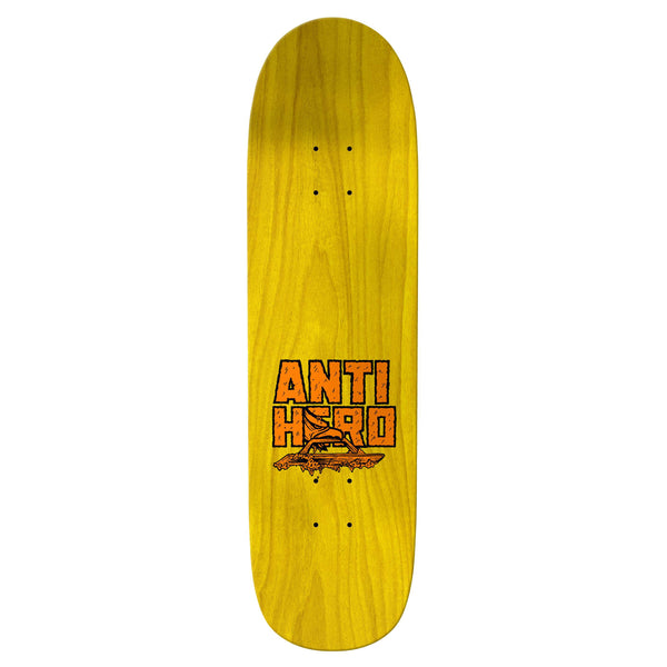A yellow skateboard deck with the "ANTI HERO" logo, an eagle graphic, and a custom twin-nose shape for added versatility: ANTIHERO KANFOUSH ONE OFF CUSTOM SHAPE by ANTIHERO.