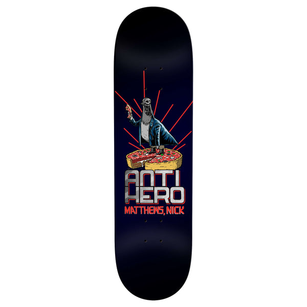 The ANTIHERO MATTHEWS P2 JUDGMENT DAY skateboard deck by ANTIHERO features an illustrated animal in a suit with a drink and pizza slices, plus "MATTHEWS P2, NICK" text on a dark background.
