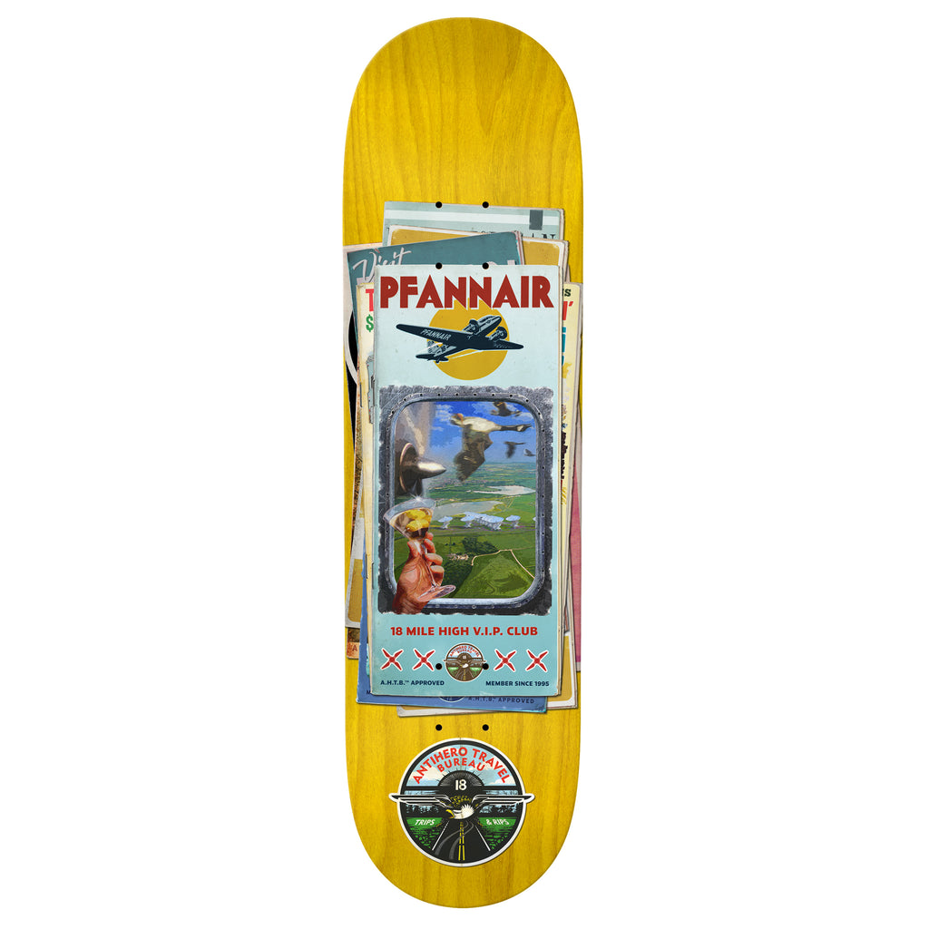 skateboard graphic with a stack of books with pictures of planes flying