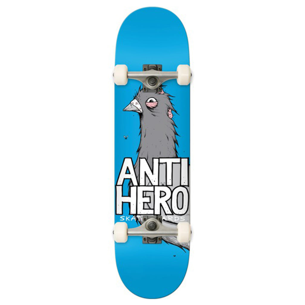 A blue skateboard with a picture of a pigeon head, complete with trucks and wheels.