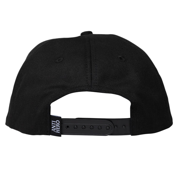 An ANTIHERO ROAD TO NOWHERE SNAPBACK BLACK hat with an adjustable strap.