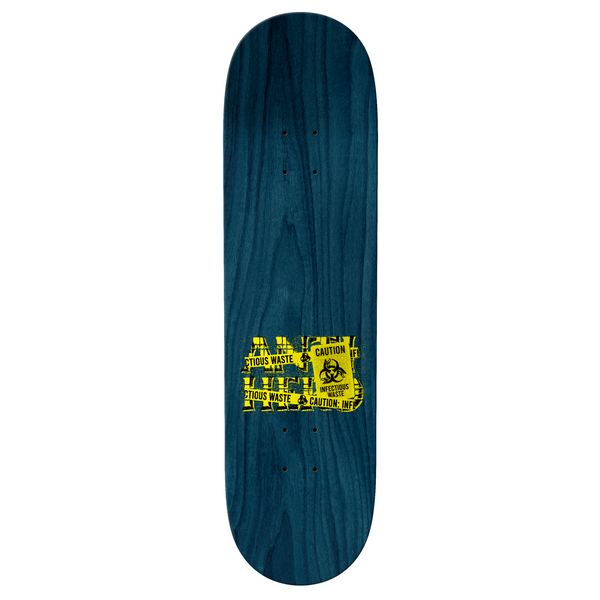 An ANTIHERO TAYLOR INFECTIOUS WASTE skateboard with a yellow logo on it.