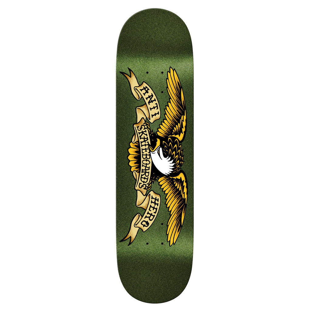 A green ANTIHERO CLASSIC EAGLE EASY RIDERS GREEN deck features an illustration of an eagle holding a banner in its talons that reads "ANTI HERO SKATEBOARDS" in bold letters, perfect for easy riders.