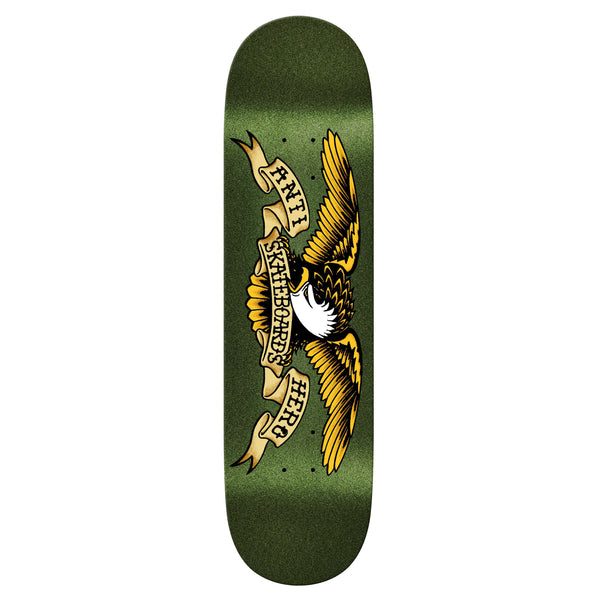 A green ANTIHERO CLASSIC EAGLE EASY RIDERS GREEN deck features an illustration of an eagle holding a banner in its talons that reads "ANTI HERO SKATEBOARDS" in bold letters, perfect for easy riders.