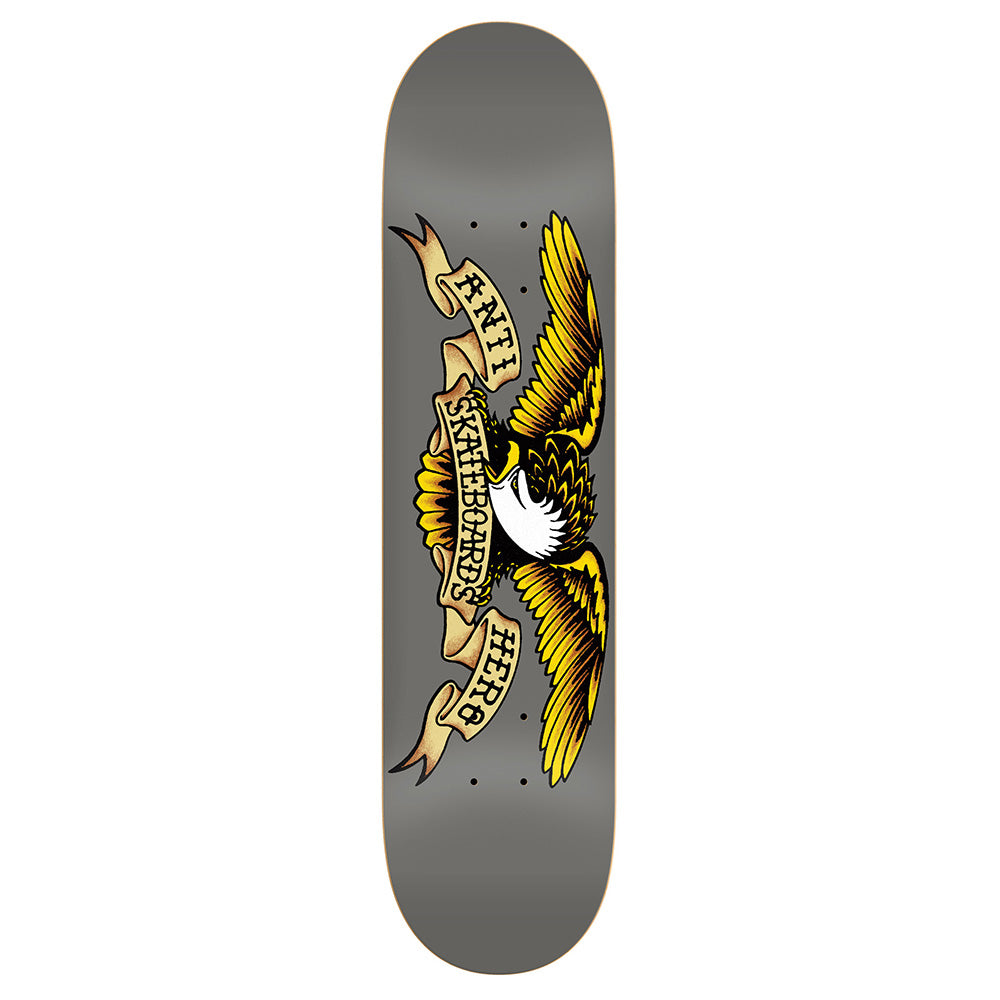 The ANTIHERO ANTI HERO CLASSIC EAGLE GREY skateboard deck showcases the classic yellow and white eagle clutching an "ANTI SKATEBOARDING HERO" banner on a sleek gray background.