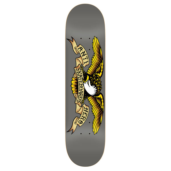 The ANTIHERO ANTI HERO CLASSIC EAGLE GREY skateboard deck showcases the classic yellow and white eagle clutching an "ANTI SKATEBOARDING HERO" banner on a sleek gray background.