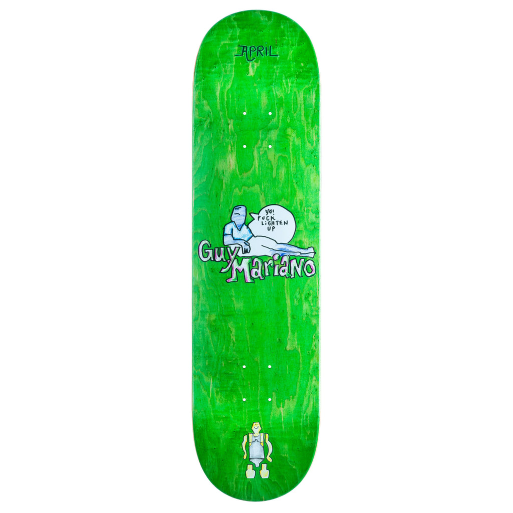 A green skateboard deck with an APRIL GUY BY GONZ POP GREEN logo.