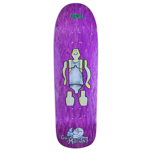 An APRIL purple skateboard with the cartoon character GONZ 90S on it.
