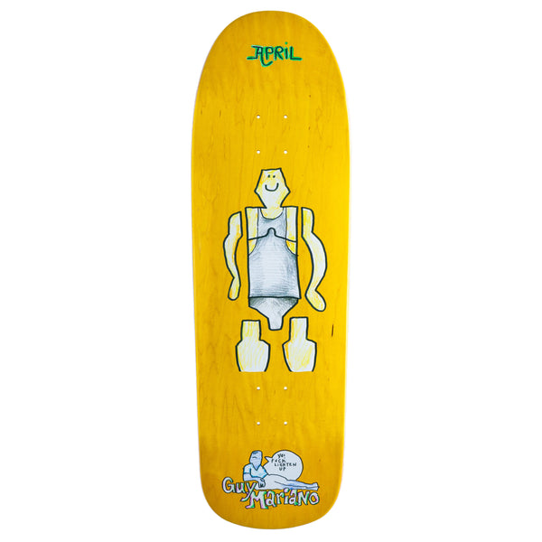 A yellow skateboard with a cartoon figure on it named APRIL GUY BY GONZ 90S YELLOW by APRIL.