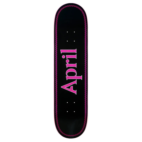 Skateboard deck featuring the APRIL O.G. logo and the word "April" in pink font, centered on a black background.