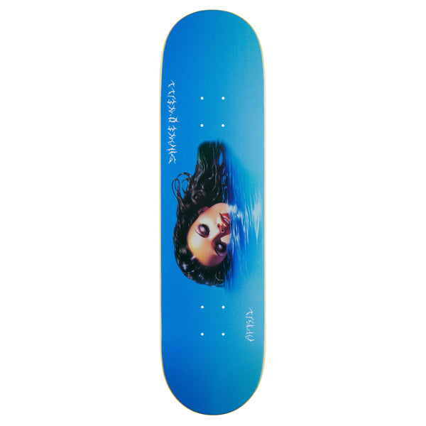 A APRIL skateboard deck with a graphic of a woman's face partially submerged in water, featuring 31.92" x 8.26" dimensions.
