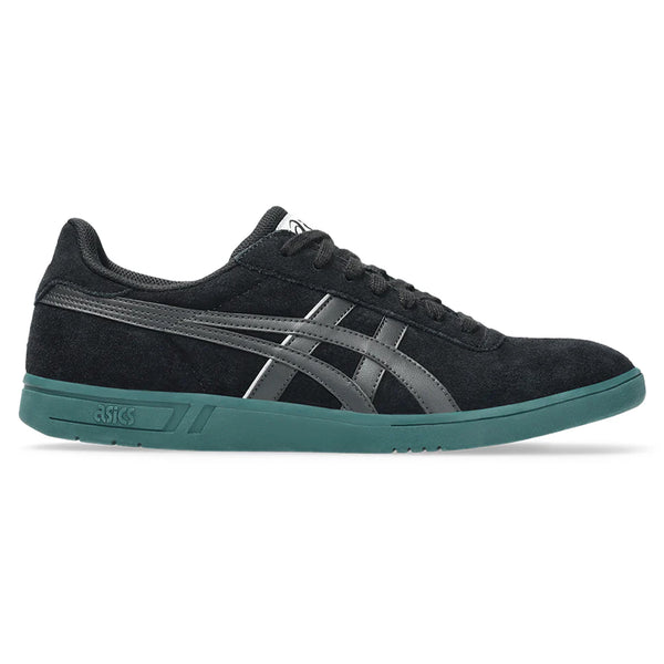 The ASICS GEL-VICKKA PRO in Black/Graphite Grey is a low-cut skateboarding shoe with a green sole, lace-up closure, and advanced GEL technology for enhanced comfort.