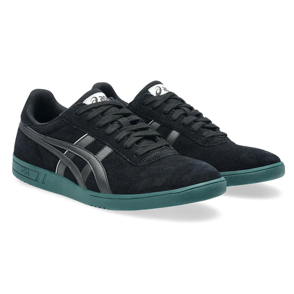 Black and graphite grey athletic sneakers from ASICS, featuring the GEL-VICKKA PRO design, with white logos on the tongue for enhanced comfort.