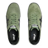 The top view of the green and black shoes that display the breathable insole and asics logo on the tongue.