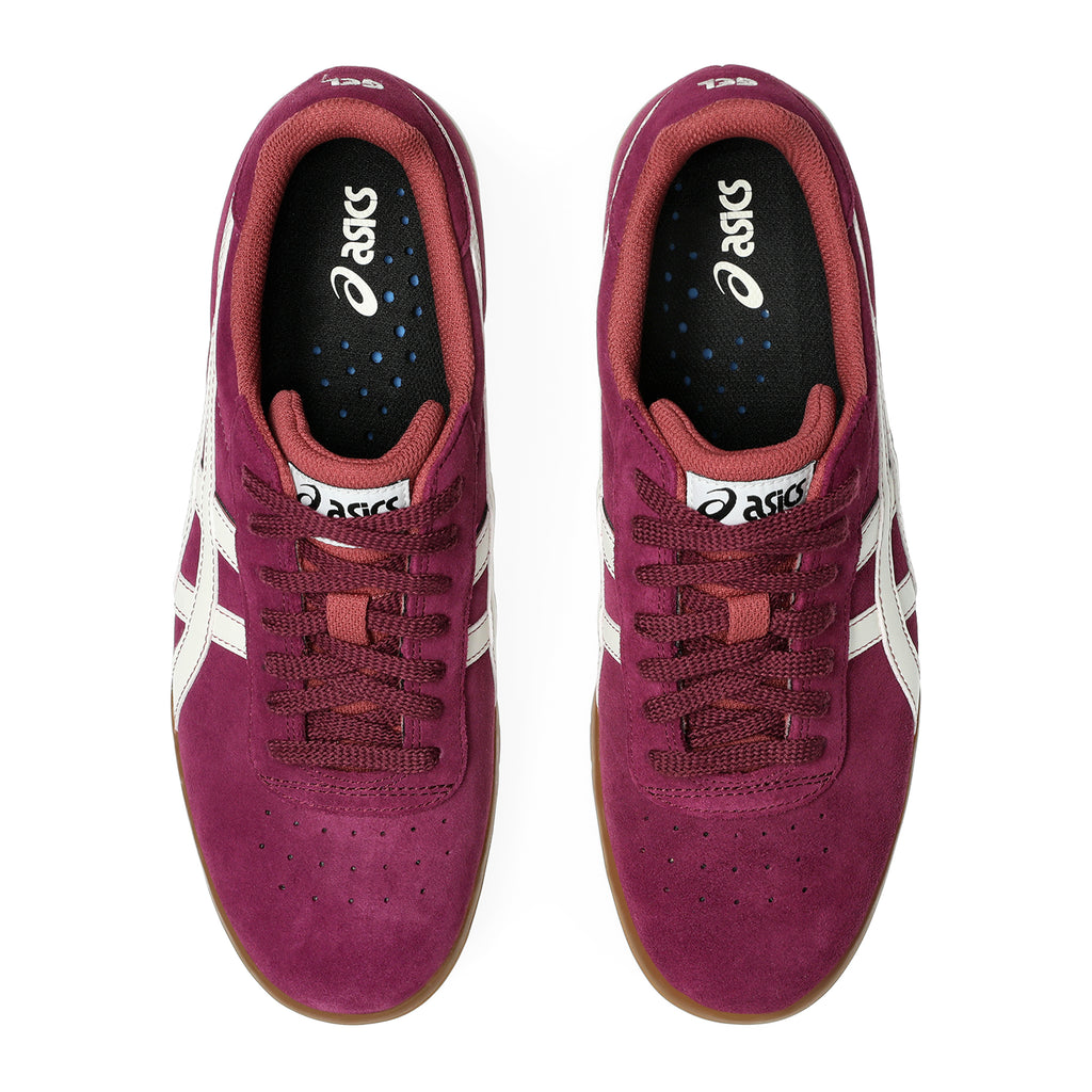 Top view of ASICS GEL-VICKKA PRO skateboarding shoes in Roselle with ivory accents and brown soles, featuring the ASICS logo on the tongue and side.