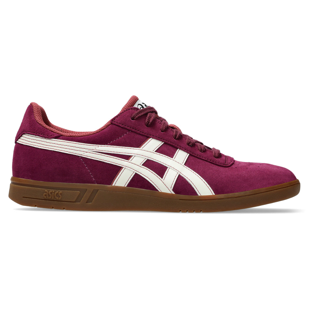 A side view of the ASICS GEL-VICKKA PRO athletic shoe in a Roselle/Ivory color scheme, showcasing advanced GEL technology for superior comfort and support, with white stripes, white laces, and a brown sole.