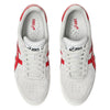 Top view of a pair of white and red ASICS JAPAN PRO CLOUD GREY / CLASSIC RED sneakers with durable suede paneling, laces, and the Asics logo visible on the tongue and inner soles.