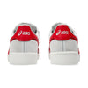 Back view of a pair of ASICS JAPAN PRO CLOUD GREY / CLASSIC RED sneakers, showcasing the heel area with suede paneling and the iconic ASICS logo.