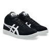 The ASICS JAPAN PRO MID BLACK / WHITE sneakers by ASICS are black high-tops with white soles and laces, featuring a white stripe design on the sides and a reflective finish for added flair.