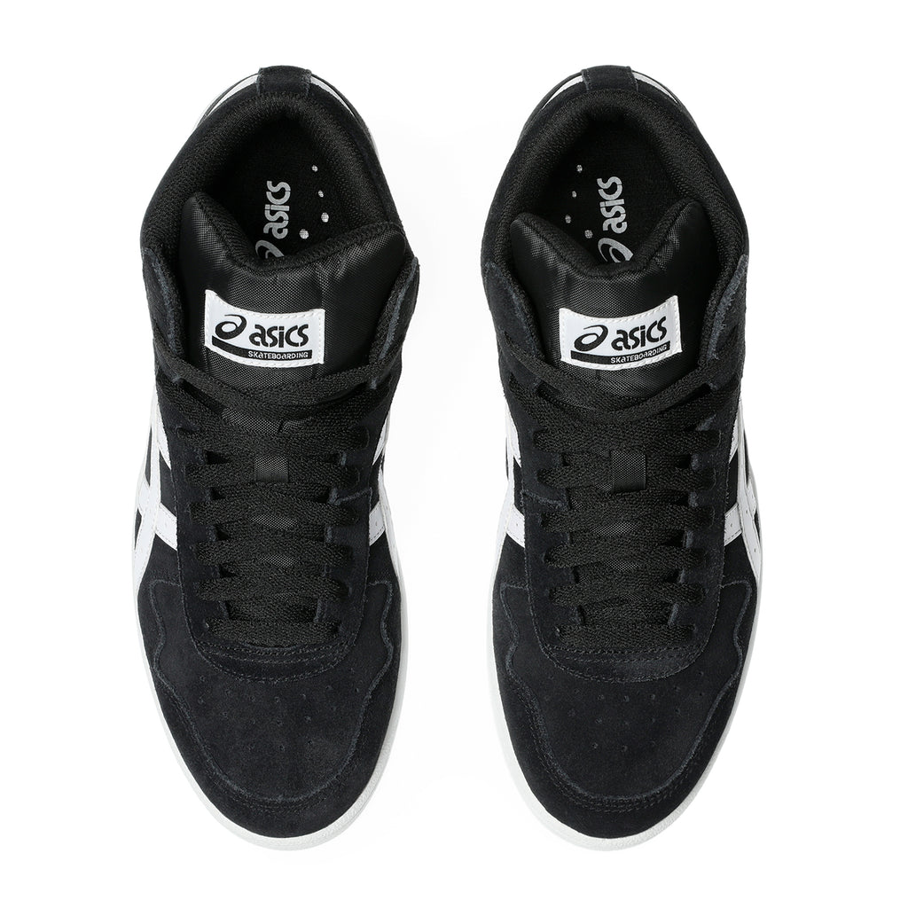 Top view of ASICS JAPAN PRO MID BLACK/WHITE high-tops featuring laces and sleek suede panels, ideal for skateboarding fans.