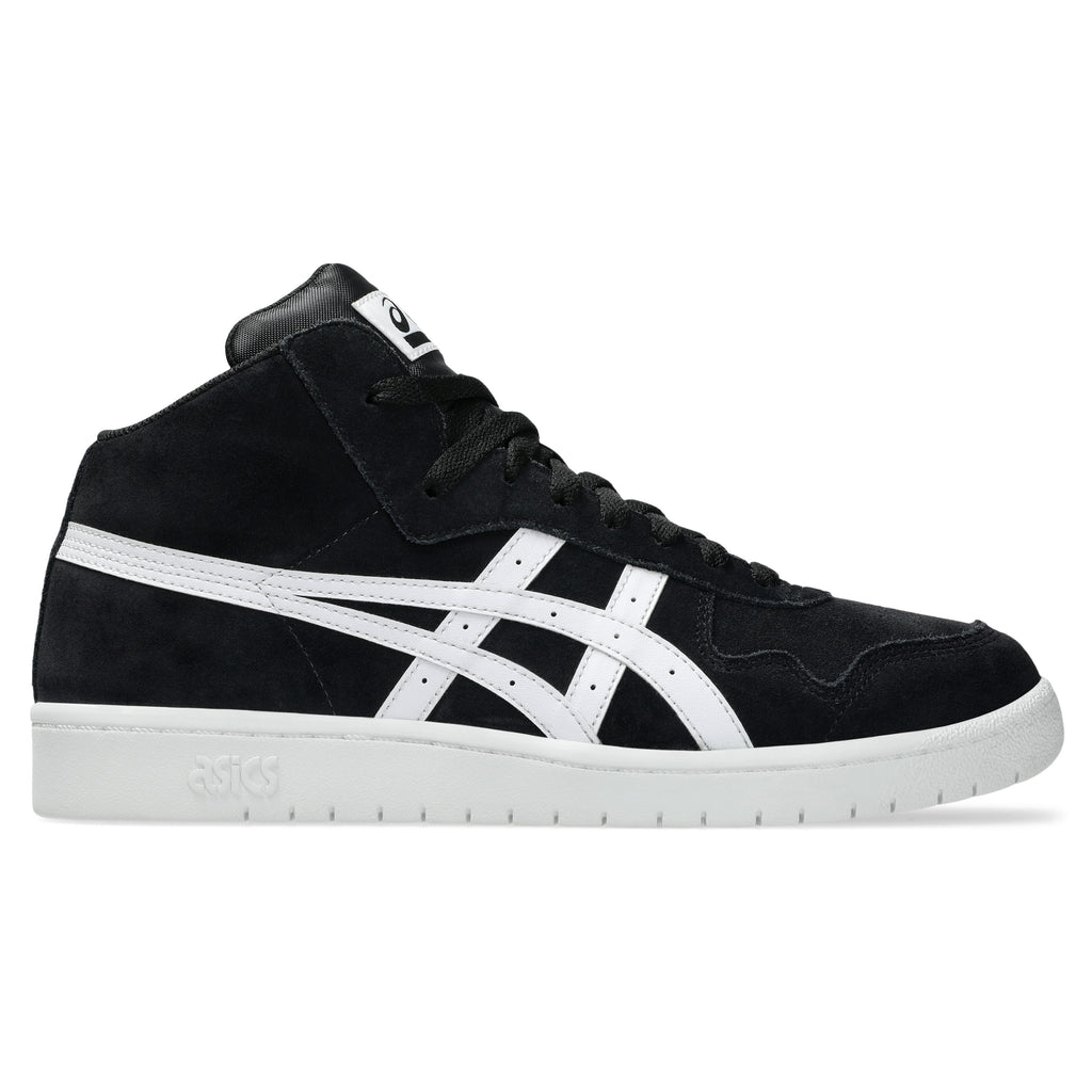 The ASICS JAPAN PRO MID BLACK / WHITE is a stylish black and white high-top skateboarding shoe with white stripes and a reflective finish, boasting the ASICS JAPAN S PRO design. Its sleek side profile and sturdy white sole provide both aesthetic appeal and functionality.