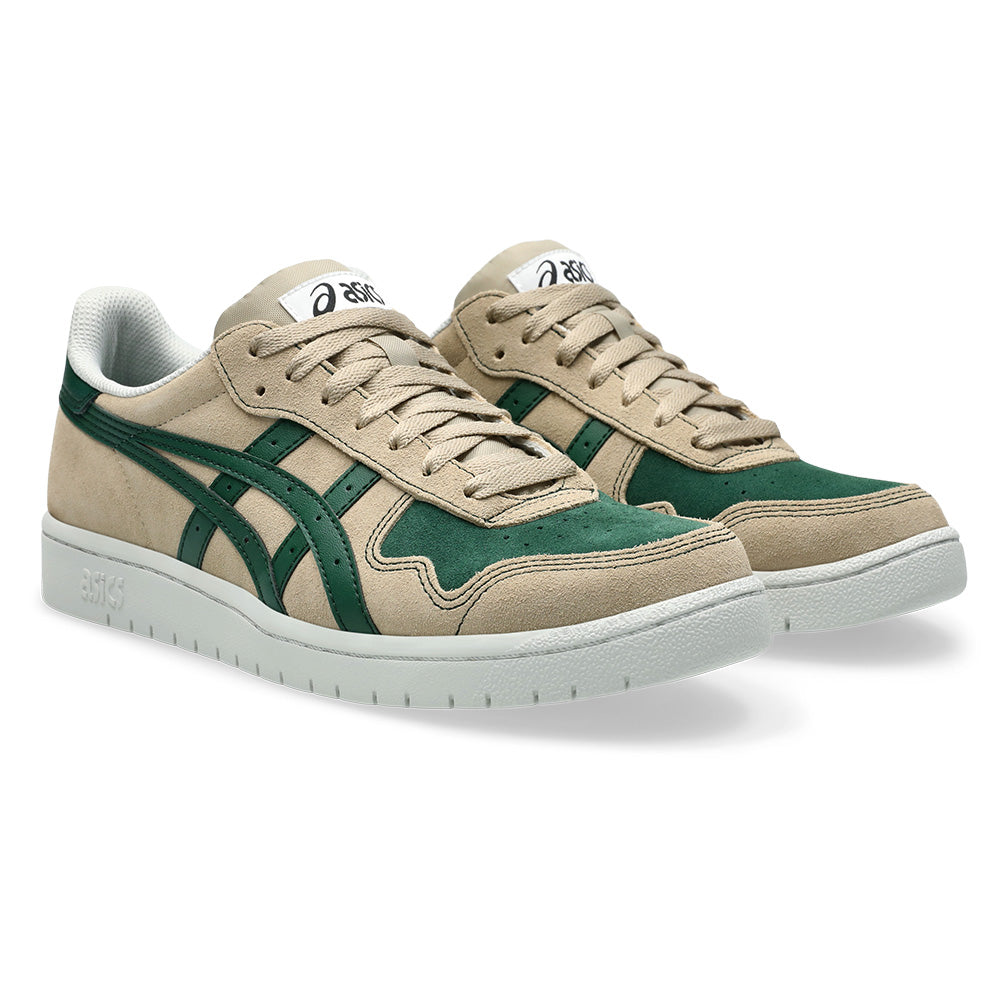ASICS JAPAN PRO WOOD CREPE / EVERGREEN skate shoes in beige and green with white soles and signature ASICS side stripes.