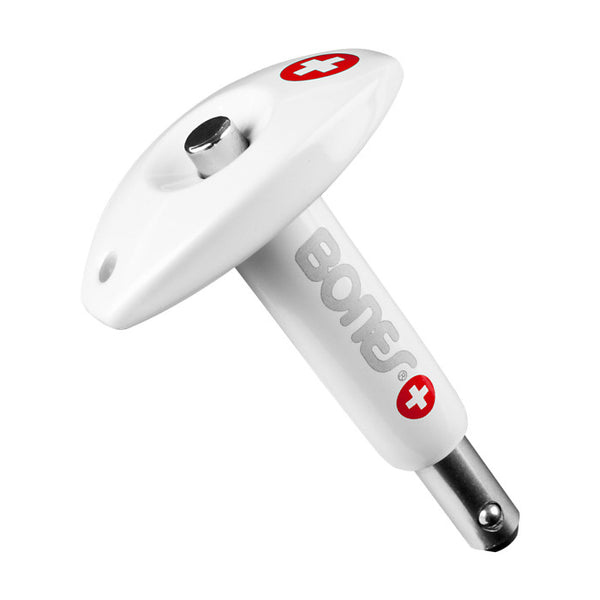 A white BONES BEARING TOOL featuring a red cross.