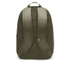 The Nike Heritage Backpack Medium Olive, shown from the back, features padded shoulder straps, a top handle, and a spacious compartment made from recycled polyester.