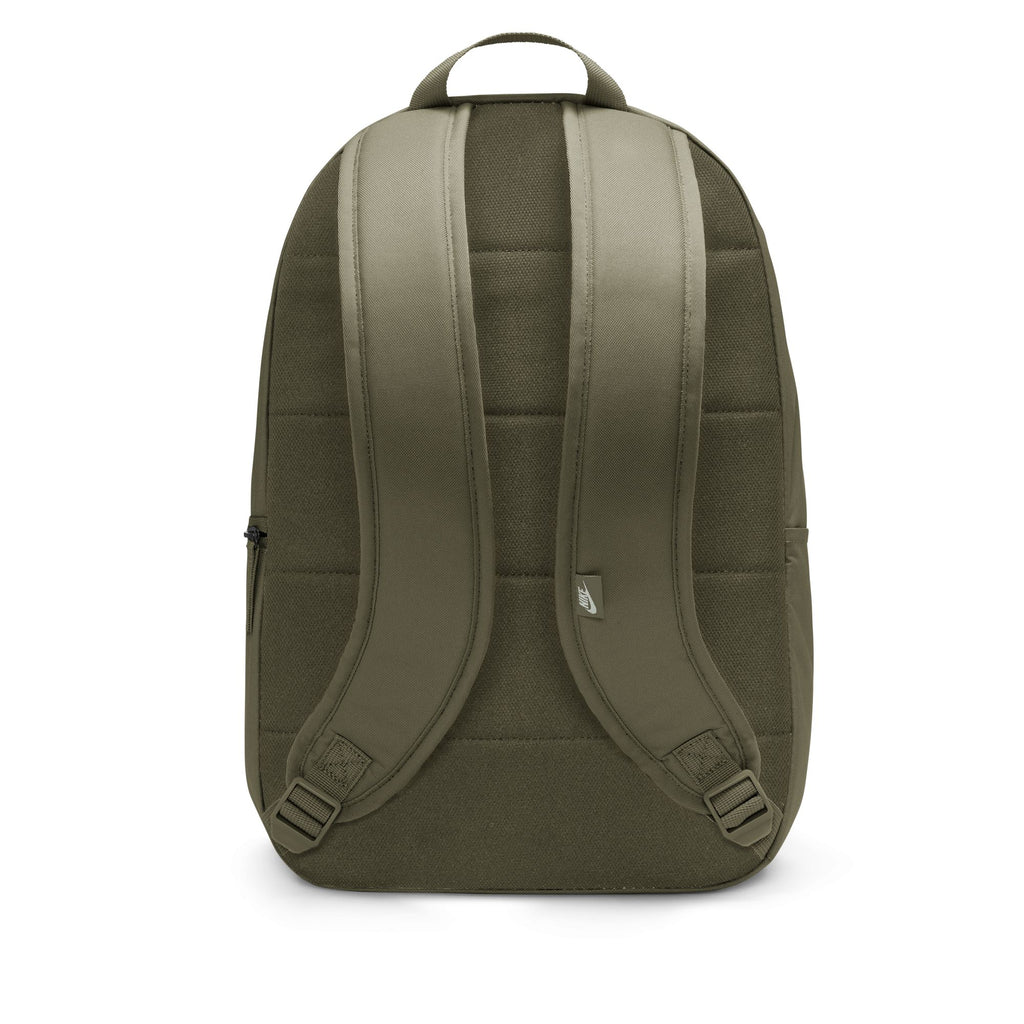 The Nike Heritage Backpack Medium Olive, shown from the back, features padded shoulder straps, a top handle, and a spacious compartment made from recycled polyester.