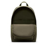 The NIKE HERITAGE BACKPACK MEDIUM OLIVE by nike is shown against a white background, featuring a spacious main compartment, large front pocket, top handle, and made from recycled polyester.