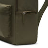 Close-up of the bottom corner of a nike HERITAGE BACKPACK MEDIUM OLIVE, crafted from recycled polyester, highlighting a zippered pocket and part of the front pocket.