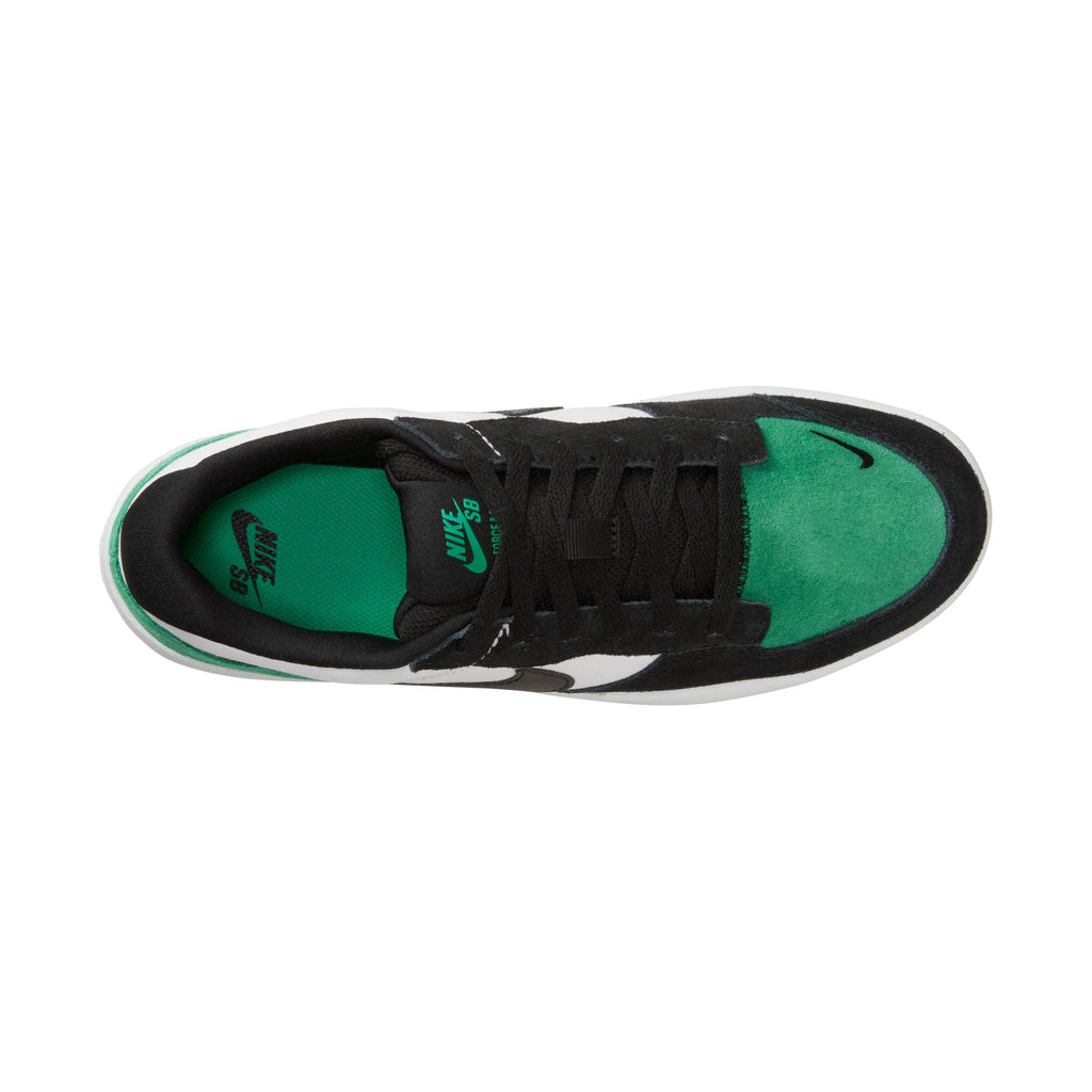 Top view of the NIKE SB FORCE 58 in white, black, and stadium green with a swoosh and black laces, merging classic basketball style with modern durability.