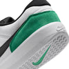 Close-up of the heel of a NIKE SB FORCE 58 in white with stadium green suede detail and black accents; features the nike logo on the sole and heel, reflecting its basketball heritage and durability.