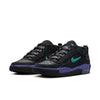 The NIKE SB ISHOD 2 AIR MAX in Black/Dusty Cactus-Black-Persian Violet are low-top sneakers with teal and purple accents, designed for hard skating. They feature Max Air technology for enhanced comfort and thick soles.