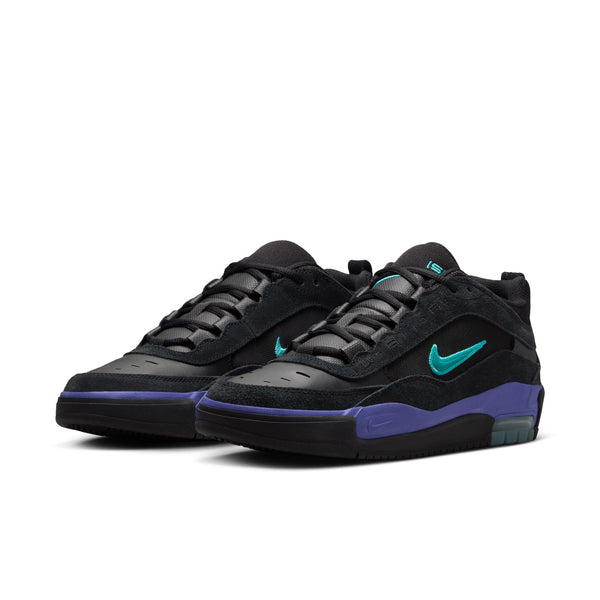 The NIKE SB ISHOD 2 AIR MAX in Black/Dusty Cactus-Black-Persian Violet are low-top sneakers with teal and purple accents, designed for hard skating. They feature Max Air technology for enhanced comfort and thick soles.