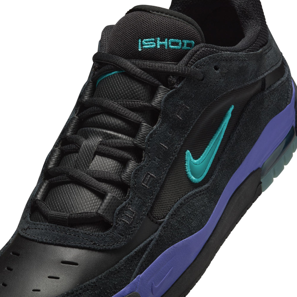 Close-up of a black Nike SB Ishod 2 Air Max sneaker in "Dusty Cactus" and "Persian Violet," designed for intense skating with superior cushioning from Max Air technology.