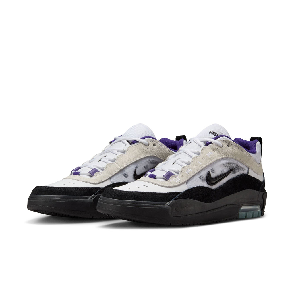 The NIKE SB ISHOD 2 AIR MAX in white, black, and court purple features the iconic Nike Swoosh, translucent sole detail, and Air Max cushioning for superior comfort.