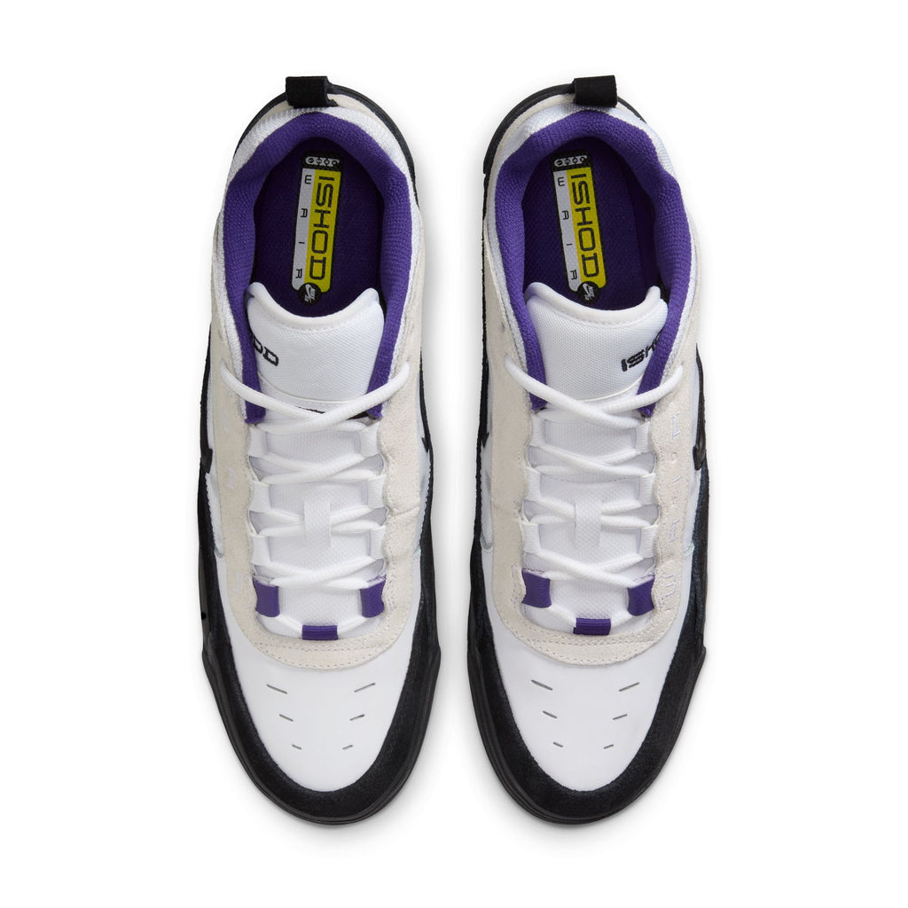 Top view of a pair of nike SB Ishod 2 Air Max sneakers in white, black, and court purple with yellow insoles labeled "ISHOD.