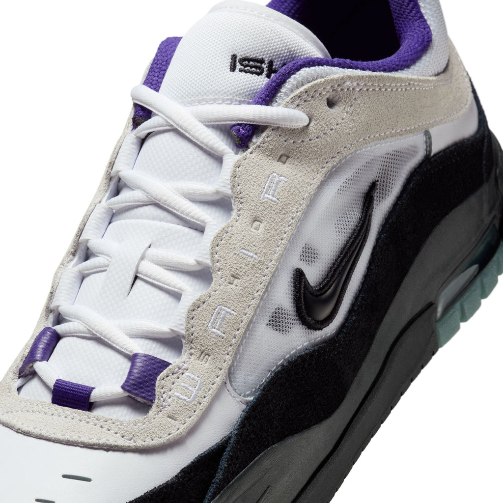 Close-up of the NIKE SB ISHOD 2 AIR MAX WHITE/BLACK-COURT PURPLE-BLACK by nike, featuring white mesh, black and grey suede overlays, court purple accents, visible laces, and a black Swoosh on the side.