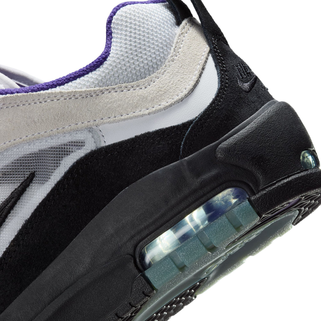 Close-up of the NIKE SB ISHOD 2 AIR MAX in White/Black-Court Purple-Black by Nike, showing visible air cushioning, black and white upper, and purple trim—ideal skateboarding sneakers for both performance and style.