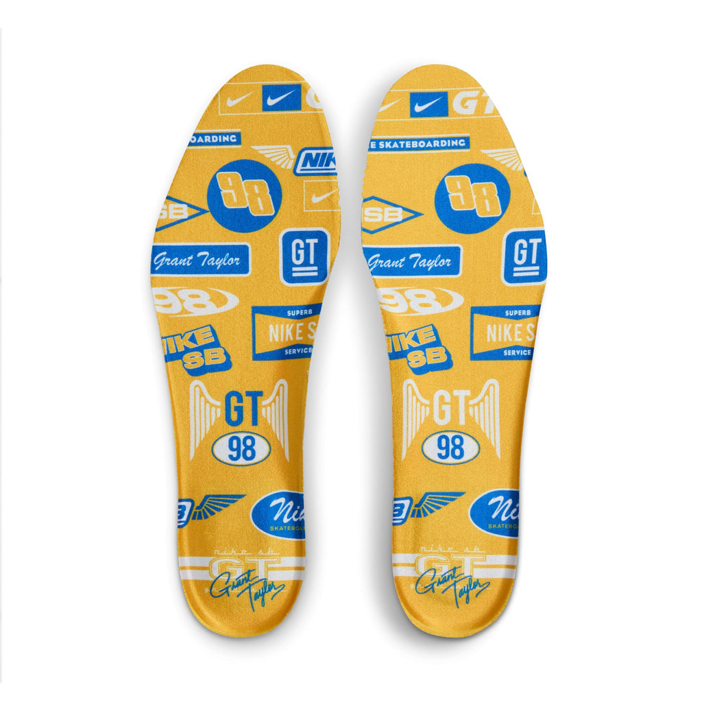 A pair of yellow and blue nike SB Blazer Mid Pro GT University Gold / Game Royal shoes with stickers on them, perfect for skateboard enthusiasts like Grant Taylor.