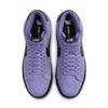 Top view of NIKE SB BLAZER MID sneakers in Dusty Amethyst with black details, featuring white soles and Zoom Air cushioning for enhanced comfort.