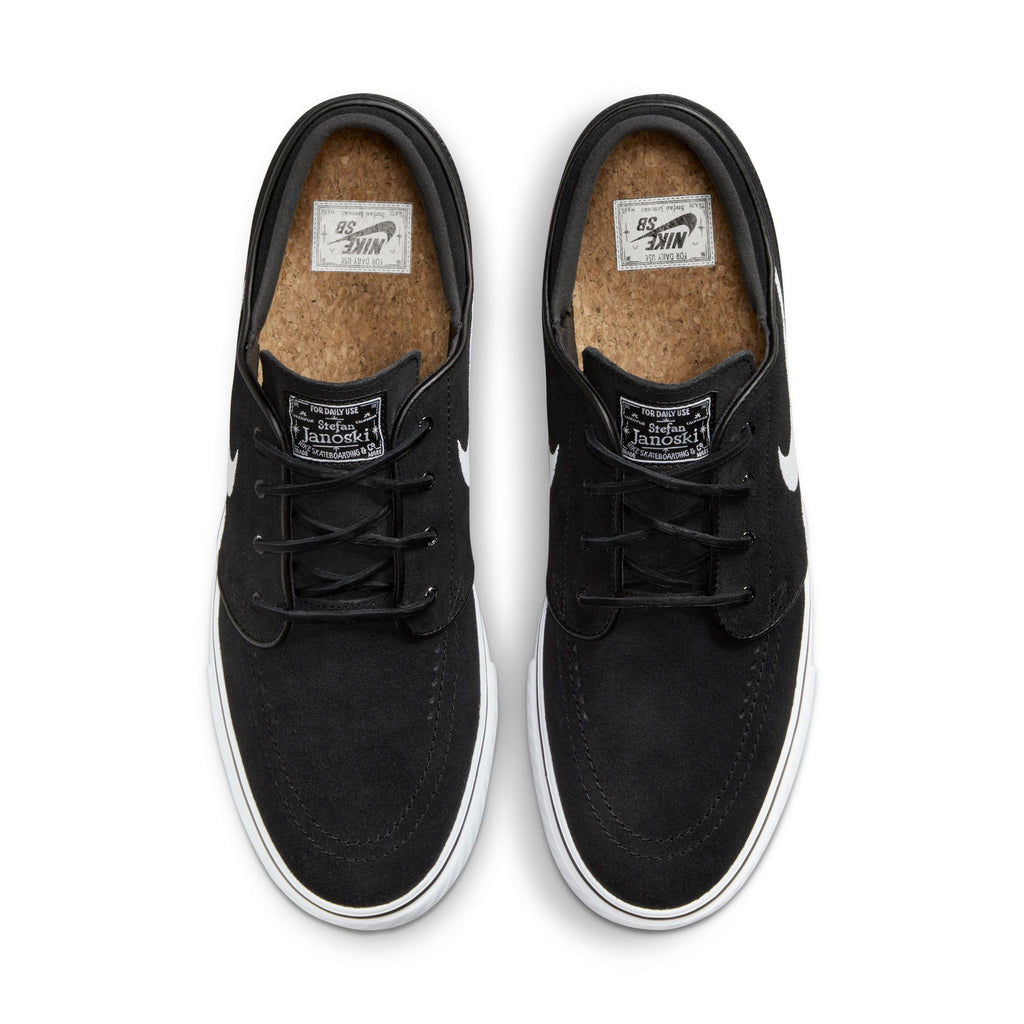A pair of NIKE SB ZOOM JANOSKI OG+ BLACK / WHITE-BLACK skateboarding sneakers with white soles by nike.