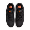 Top view of the NIKE SB 🧡🖤 BLACK / BLACK sneakers by Nike, showcasing a suede upper with bold orange branding on the tongue and insoles.