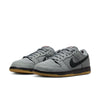 A pair of NIKE SB DUNK LOW PRO in Cool Grey/Black-Cool Grey-Dark Grey with black swooshes, gray laces, and gum outsoles are displayed side by side on a white background.
