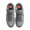 Top view of nike SB DUNK LOW PRO COOL GREY / BLACK-COOL GREY-DARK GREY skateboarding shoes in gray with black swooshes, orange insoles, and gray laces on a white background.