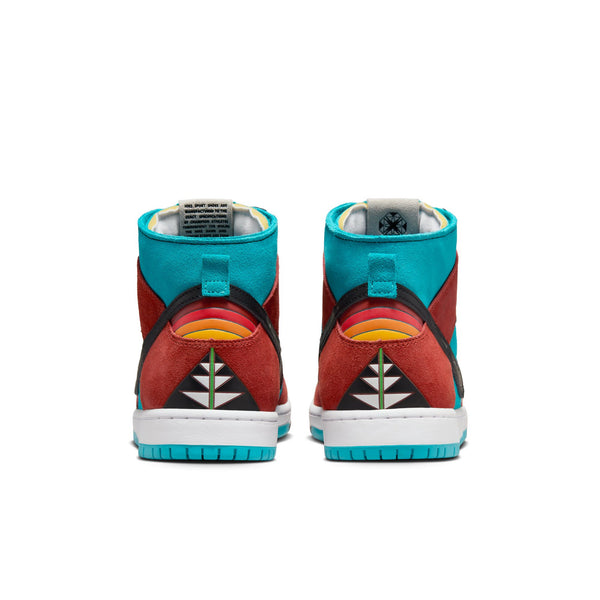 Rear view of a pair of colorful high-top sneakers with red, blue, and orange details, and a geometric pattern on the heel, reminiscent of the vibrant style seen in designs like the nike NIKE SB X DI'ORR GREENWOOD DUNK HIGH DECON TURQUOISE BLUE / BLACK-RUGGED ORANGE.
