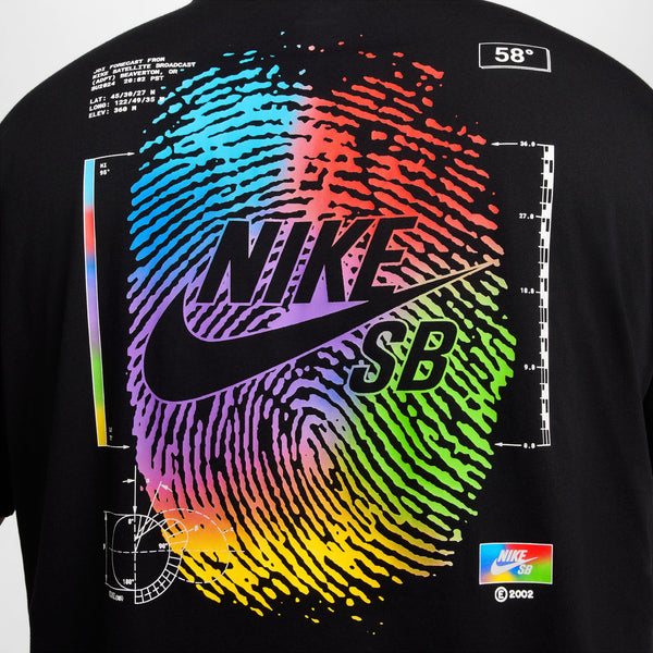 Black Nike SB Forecast Skate Tee with a colorful fingerprint design and various technical graphics including coordinates and a temperature gauge.