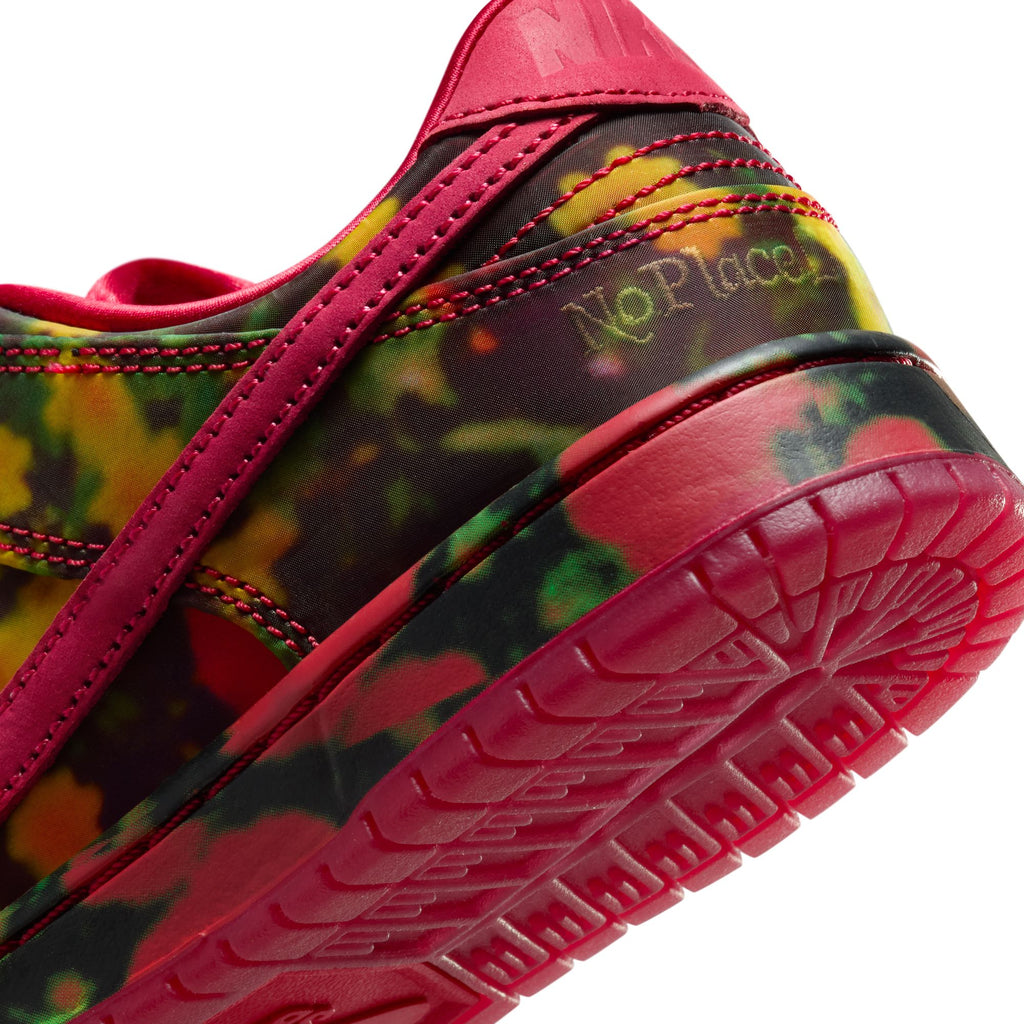 A close-up of a colorful NIKE SB DUNK LOW sneaker for little kids highlights the blend of red, yellow, and green hues on the sole and heel, with "No Place" embossed on the side, capturing a playful spirit.